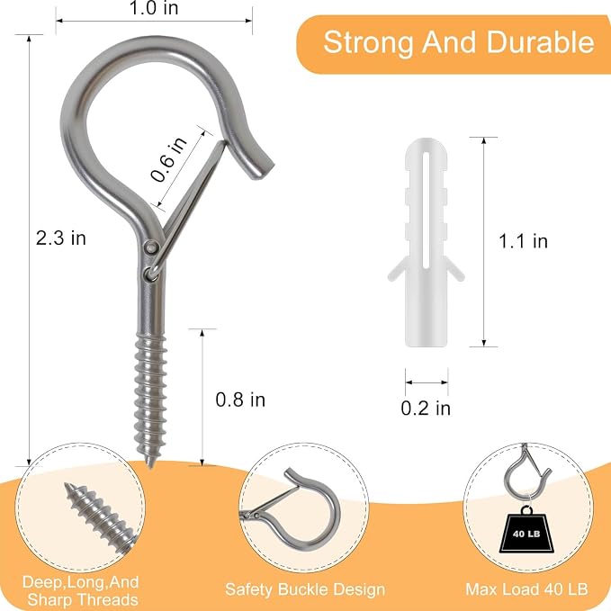 Black Screw Hooks with Safety Lock 2.3" Rustproof Metal Ceiling Hooks for Hanging Plants, Baskets,String Lights & Outdoor Decor, 40LB Capacity (30, Silver)