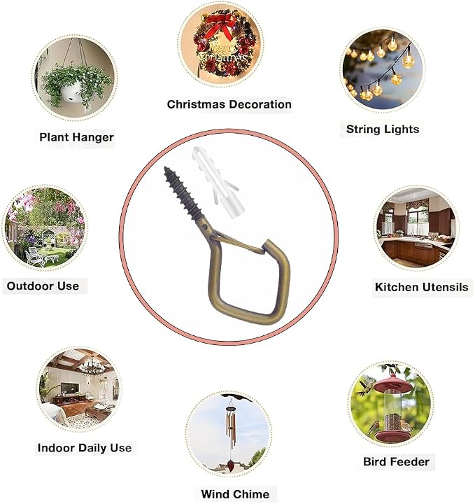 52-Pack Heavy-Duty Bronze Screw Eye Hooks with Safety Clips | Metal Ceiling Hooks for Hanging Plants, Wind Chimes, Bird Feeders & Indoor/Outdoor Lights