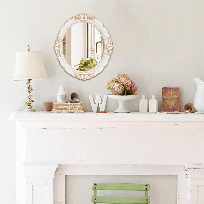 Eaoundm 13.1 x 14.8 inchs Decorative Wall Mirror Oval (White) | Vintage Hanging Mirrors for Bedroom Living-Room Dresser Decor