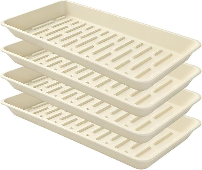 4 Pack Plastic Plant Tray Saucer Rectangular 17 18 Inch, Planter Trays Saucers for Indoor Outdoor, Plant Water Drip Trays, Windowsill, 7.7 x 17.5 Inches, Beige