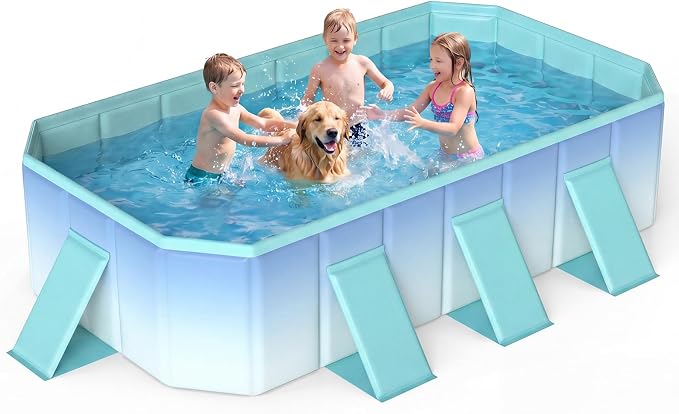 Goplus Foldable Non-Inflatable Swimming Pool, Portable Rectangle Around Ground Pool with 24 Hard Shell, Drain Hose, Outdoor Collapsible Kiddie Pool for Backyard Garden (Mint Green,88x50 in)