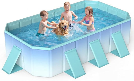 Goplus Foldable Non-Inflatable Swimming Pool, Portable Rectangle Around Ground Pool with 24 Hard Shell, Drain Hose, Outdoor Collapsible Kiddie Pool for Backyard Garden (Mint Green,88x50 in)