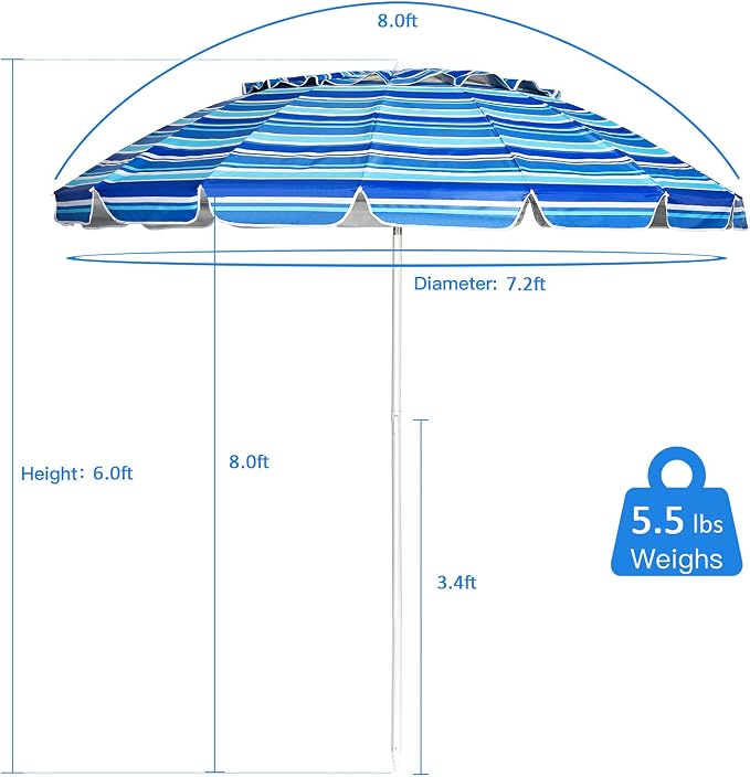Tangkula 8FT Navy Blue Beach Umbrella, Portable with Sand Anchor, Fade Resistant Canopy, Sturdy Fiberglass Ribs, Outdoor Sunshade Umbrella