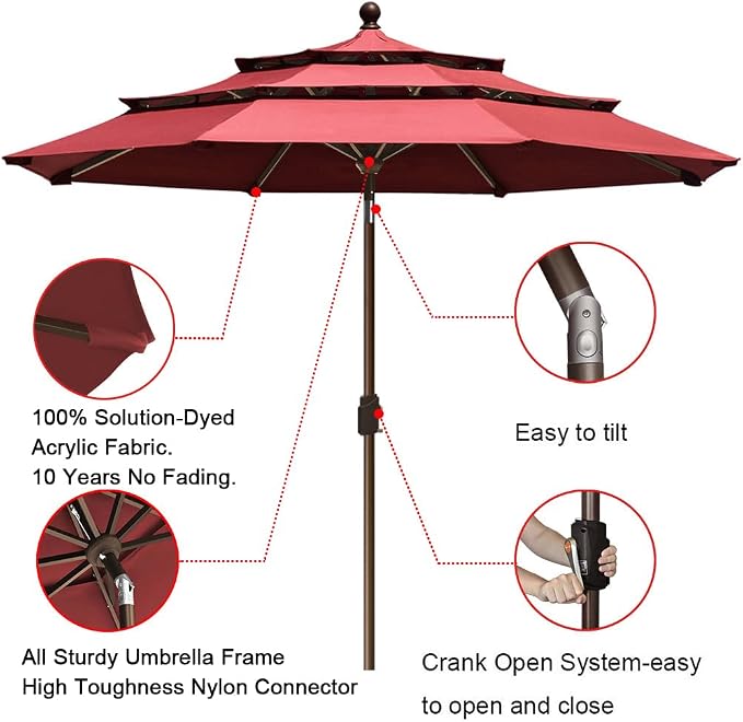 EliteShade USA 10-Year-Non-Fading 9ft 3-Tier Market Patio Umbrella, Commercial Grade Outdoor Table Umbrella with Crank Open, Windproof & UPF 50+ UV Protection, Heavy Duty Ventilation for Garden, Deck, Pool, Backyard, Beach & Bistro, Burgundy