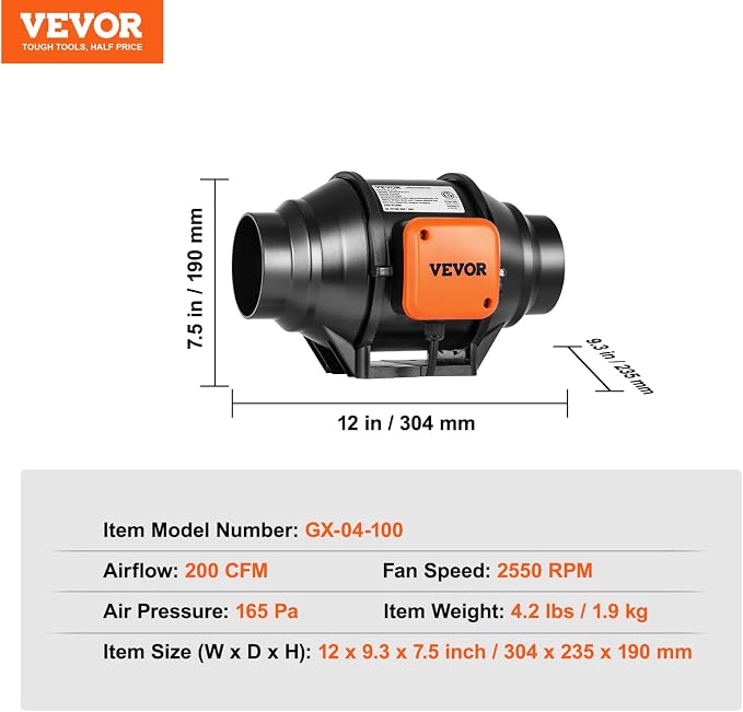 VEVOR Inline Duct Fan, 4-Inch 200 CFM with Variable Speed Controller, Quiet AC-Motor Ventilation Exhaust Fan for Cooling Booster, Grow Tents, Hydroponics