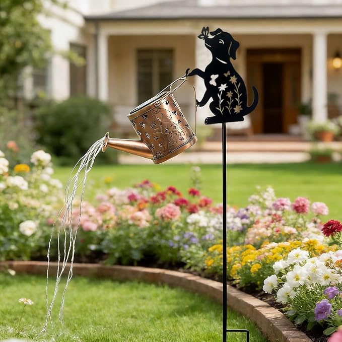 Outdoor Dog Statue Solar Watering Can with Lights, Complete with Netal Dog Silhouette Garden Stake. Ldeal for Garden, Lawn and Courtyard Decoration, A Unique Gift for Mothers and Women.