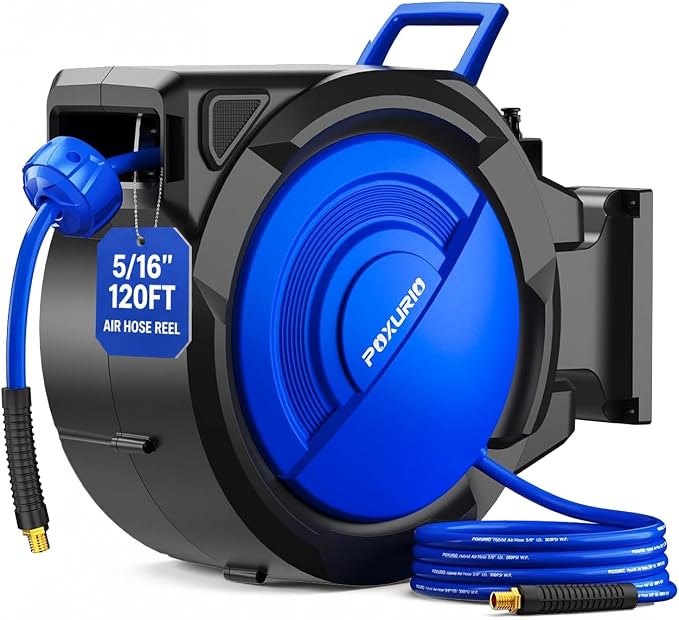 120FT+6.5FT Retractable Air Hose Reel, 5/16" Hybrid Air Hose, Air Compressor Hose Reel with Max 300 PSI Patented Design, Retractable Auto-Rewind Enclosed Heavy Duty 180° Swivel Mount