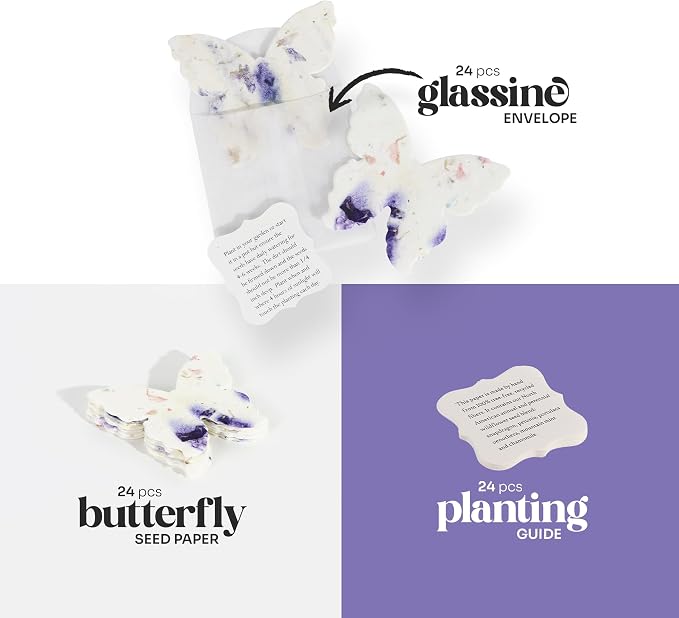 Wildflower Seed Paper - Set of 24 Purple Butterfly-Shaped with Envelope and Planting Instruction, Writable & Plantable Gift for Mom and Plant Lover, Ideal for Wedding, Memorial, Baby Shower