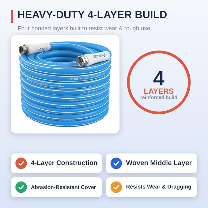 FEVONE Kink Free Garden Hose 75 ft, Heavy Duty Water Hose | Flexible Hybrid Polymer, Drinking Water Safe, 5/8 ID, 600 PSI, Leak-Proof, Aluminum 3/4 GHT Fittings for Garden Watering