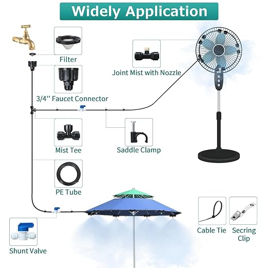 GOTGELIF Misting System for Patio, 50FT Misting Line 12 Brass Misting Nozzles + 3/4" Faucet Adapters+ 2 Shut-Off Valves, Leak-Proof DIY Water Mister Kit for Patio, Garden, Gazebo, Greenhouse
