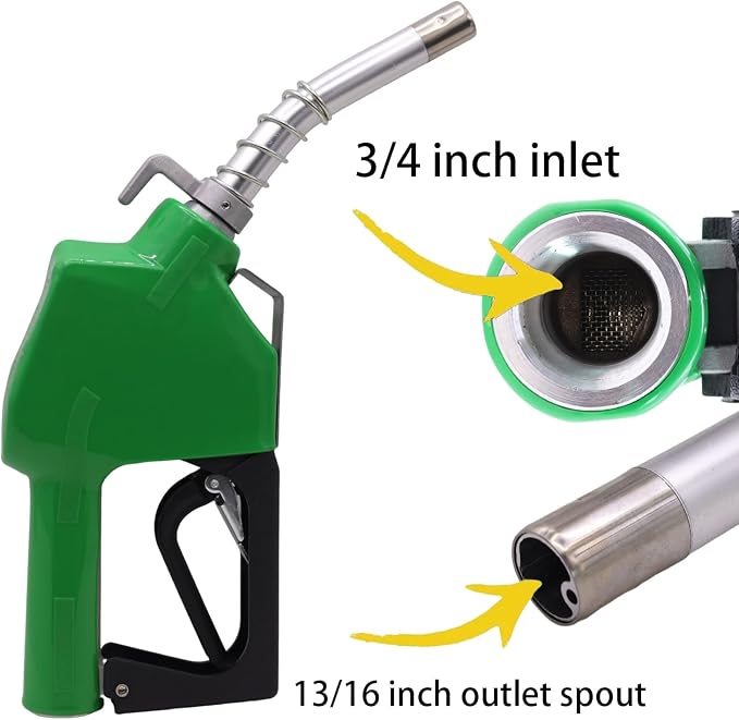 3/4" Inch NPT Green Fuel Nozzle,Automatic Shut Off Heavy Duty W/360° Hose Swivel Gas Fuel Transfer Pump Nozzle,304 13/16" Spout nozzle bushing,Copper Valve,Hook,16 gpm Flow Rate For Gas,Diesel