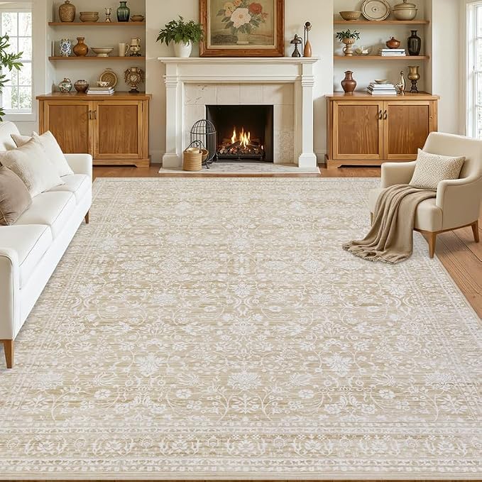 8x10 Area Rugs Living Room: Bedroom Washable Carpet Natural Beige | Large Vintage Boho Indoor Decor Carpets Soft Nursery Farmhouse Dining Room Office Floor Non-Slip Low Pile Under Table Rug