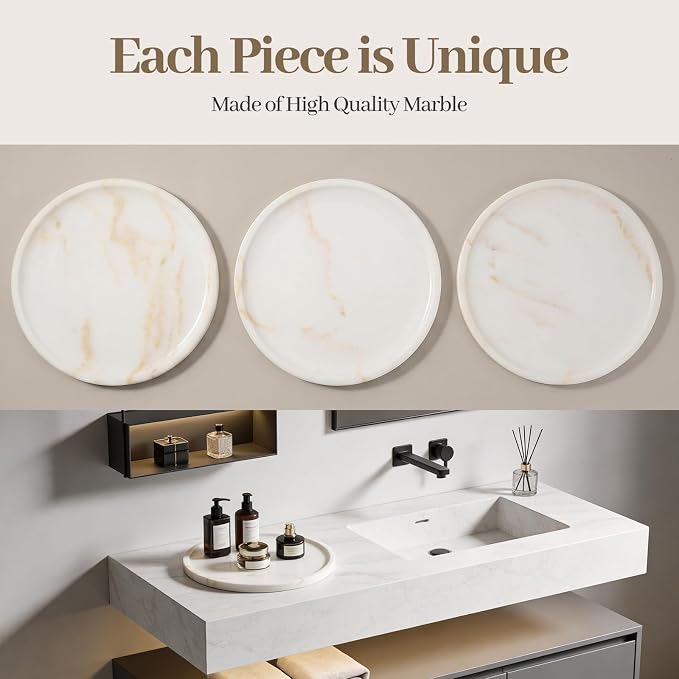Karibiber Marble Serving Tray, 11.8in Round Vanity Tray for Bathroom Countertop, Calacatta White Candle Holder for Coffee Table/Kitchen, Stone Home Decorative Catchall Tray for Perfume