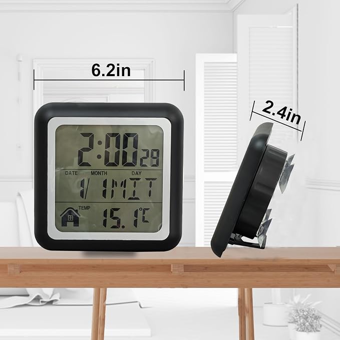 Digital Bathroom Shower Wall Clock, Indoor Waterproof Clock with Suction Cup, Plastic Frame, Flexible Choice for Hanging Or Standing, Modern Silent Kitchen Small LCD Screen Clock