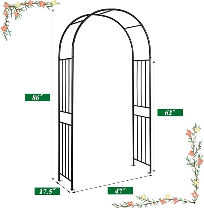 LDAILY Moccha Garden Arch Arbor Trellis, 7.2Ft Outdoor Steel Arbor with Stakes, Metal Archway for Climbing Plants, Wide Sturdy Garden Arch for Lawn, Party, Ceremony Wedding Decoration, Black(2)