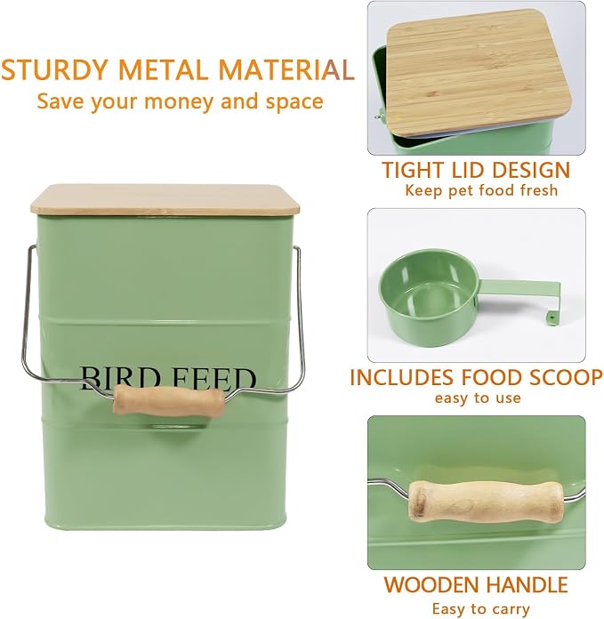 Morezi Bird treat and food storage tin with wooden lid and scoop included - green powder - carbon steel - birds food bin - pet food container storage canister