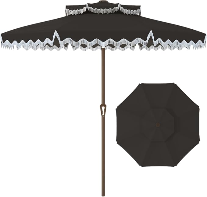 Patiokingdom 9FT Patio Umbrella with Fringe,Tassel Umbrella UPF 50+ & Push-Button Tilt,Rust-Resistant Fiberglass Frame for Pool,Garden,Backyard,Yard (Black)