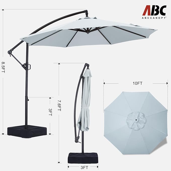 ABCCANOPY 10FT Cantilever Patio Umbrella with base included, 360° Rotation Outdoor Offset Umbrella Bonus Fix Frame & Weights Bag for Backyard, Deck, Poolside (Gray)