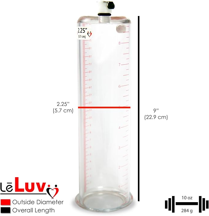 LeLuv Penis Pump Maxi Red Handle + Protected Gauge - Bundle with Clear Hose, Silicone Donut Seal - 9 inch Length x 2.25 inch Diameter Cylinder