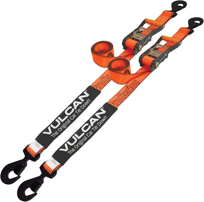 VULCAN Car Tie Down with Flat Snap Hook Ratchet - Snap Hook - 2 Inch x 96 Inch - 2 Pack - PROSeries - 3,300 Pound Safe Working Load