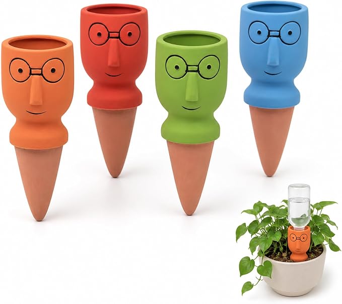 Terracotta Watering Spikes 4 Pack, Cute Self Watering Plant Spikes, Clay Plant Watering Devices, Slow Release Self Watering Planter Insert for Indoor Outdoor Potted Plants (Big Head)