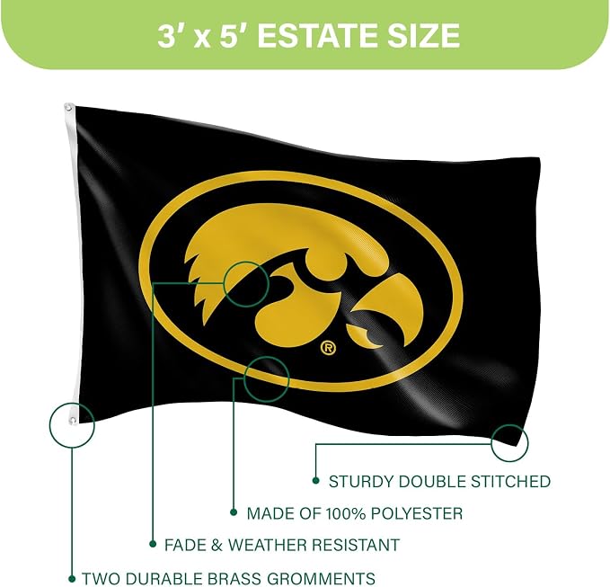 NCAA University of Iowa Flag with Grommets, 3'x5' Iowa Hawkeyes Outdoor College Flags & Banners for Garden Patio Indoor Wall Décor