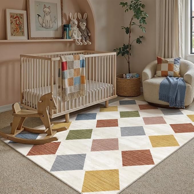 3x5 Washable Area Rug Kids Room Colorful Non Slip Checkered Carpet | Soft, Low Pile, Easy Clean, Diamond Pattern for Doormat, Nursery, Play Room, Entryway, Bedroom, Modern Indoor Decor