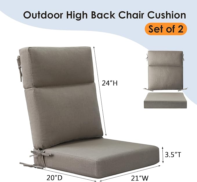 Unimatta Sunbrella Outdoor Separate High Back Cushion Seat Pads, 2-Pack 44 x 21 Inch Water-Repellent & Fade-Resistant Patio Furniture Cushions with Ties for Adirondack, Rocking Chairs, Cast Shale