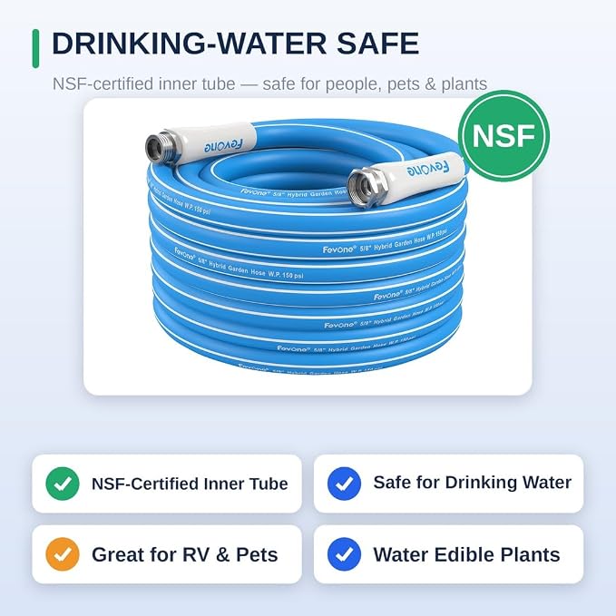 FEVONE Kink Free Garden Hose 50 ft, Heavy Duty Water Hose | Flexible Hybrid Polymer, Drinking Water Safe, 5/8 ID, 600 PSI, Leak-Proof, Aluminum 3/4 GHT Fittings for Garden Watering