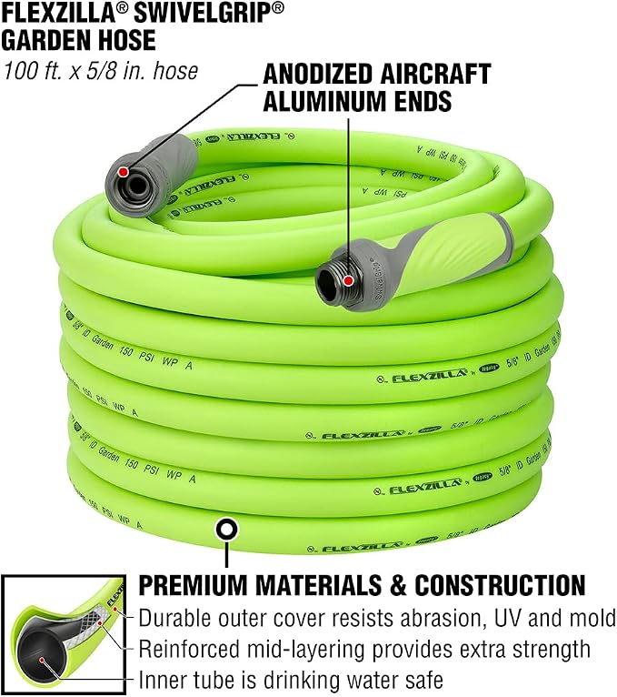 Flexzilla Garden Hose with SwivelGrip, 5/8 in. x 100 ft., ZillaGreen & Garden Hose 5/8 in. x 100 ft., Heavy Duty, Lightweight, Drinking Water Safe, ZillaGreen