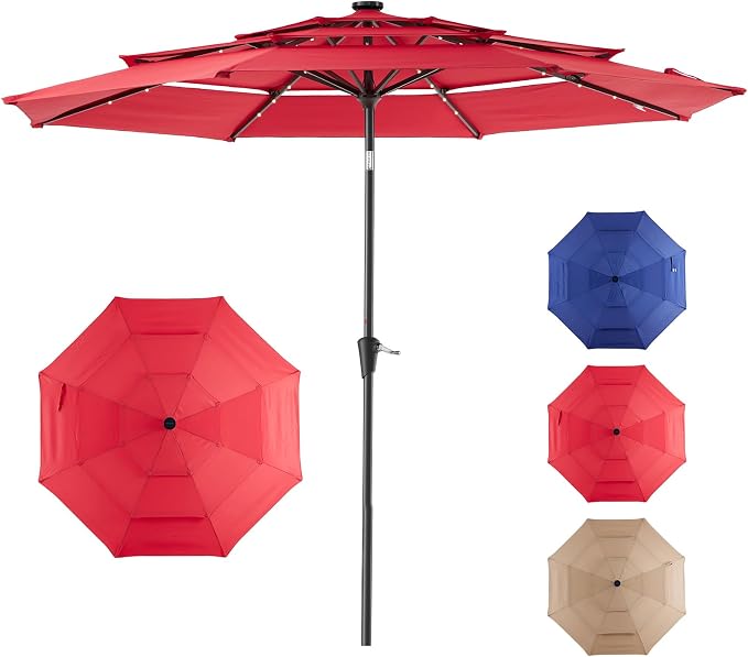 NEWBULIG 10ft Solar Patio Umbrella with 32 LED Lights, Table Market Umbrella with Tilt Adjustment & Crank Lift, Outdoor Sun Umbrella for Garden, Deck, Backyard, Pool and Beach