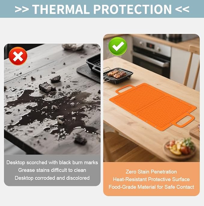 Large Silicone Grill Mat, Heat Resistant Non-Slip BBQ Mat, Foldable Grill Side Shelf Pad with Snap Buttons, Food-Grade, Convertible Storage Bag for BBQ Utensils & Accessories, Orange