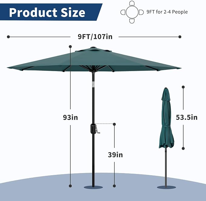GarveeLife 9FT Patio Umbrella Outdoor, Table Umbrella with Push Button Tilt and Crank, 8 Sturdy Ribs UV Protection Waterproof for Garden, Pool, Market, Deck
