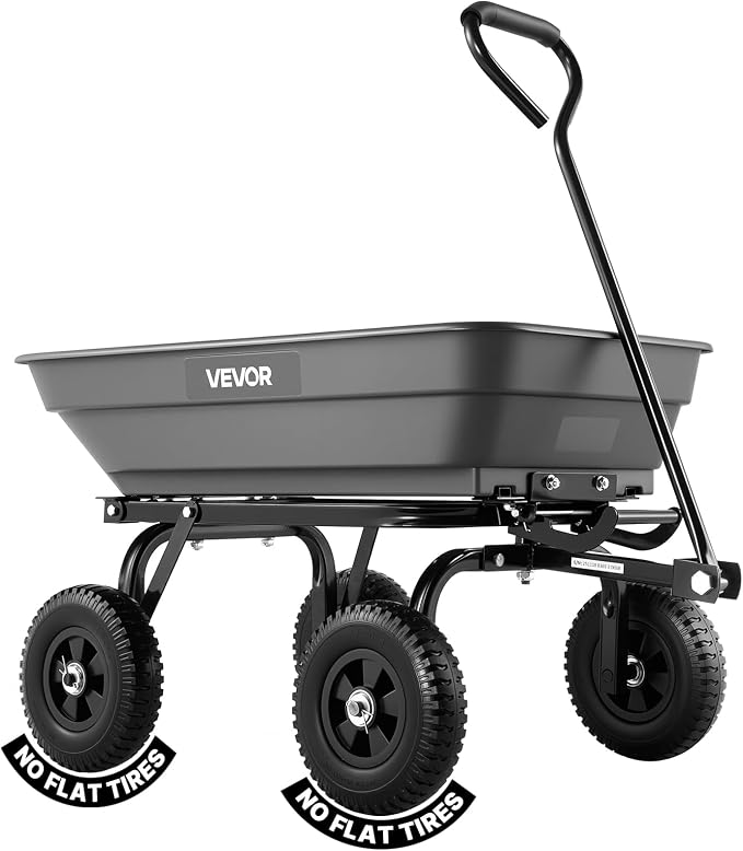 VEVOR 400LBS Wheelbarrow, Poly Garden Dump Cart Wagon with 8" Flat Free Tires, Heavy Duty Wheel Barrow Yard Cart Dump Wagon with Quick-Release System