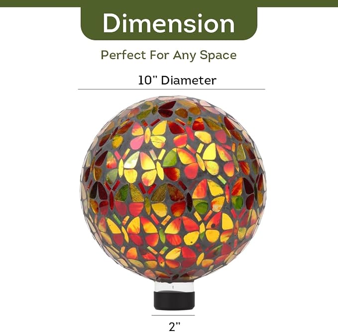 Lily's Home Colorful Mosaic Glass Gazing Ball, Designed with a Stunning Holographic Petal Mosaic Pattern to Bring Color to Any Home and Garden, Butterflies (10" Diameter)