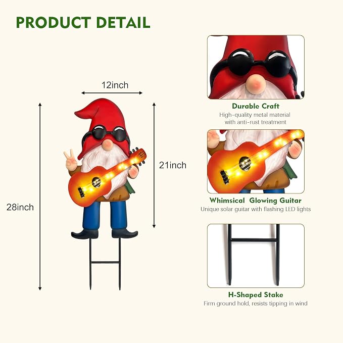 28" Solar Garden Gnome Decor with Light Up Guitar - Outdoor Decorative Stake for Patio, Yard & Lawn | Unique Rock Music Gnome Decor