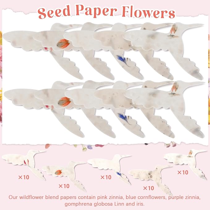 Dunzoom 50 Pcs Handmade Seed Paper Plantable Wildflower Seed Paper Recycled Flower Petals Tags Wedding Favors for Guests Craft Gifts Cards for Envelope Birthday Party, 5 Styles (Hummingbird Shape)
