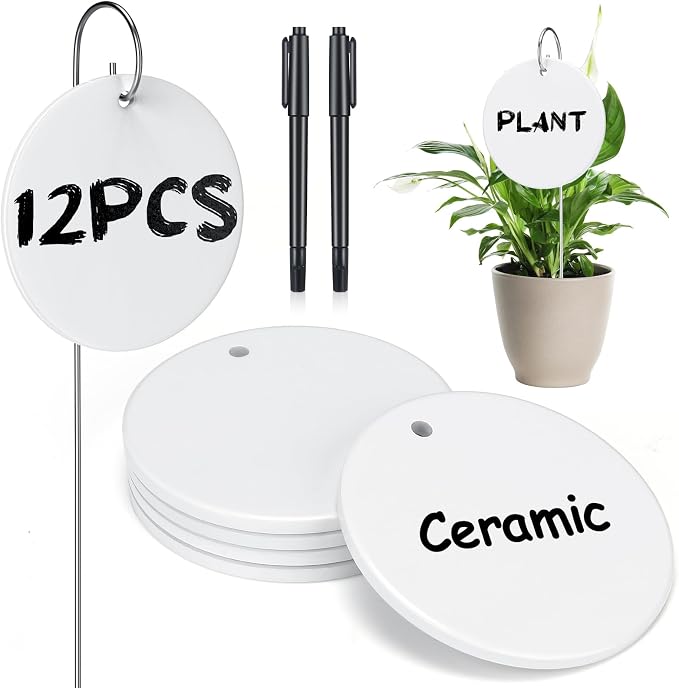 CroBlissful 12 Pcs Plant Labels Ceramic Garden Sign Markers 3 Inch Round Garden Labels Reusable Waterproof Ceramic Plant Sign Tags with Stainless Steel Stake and Pen for Flower Vegetable Potted Plant
