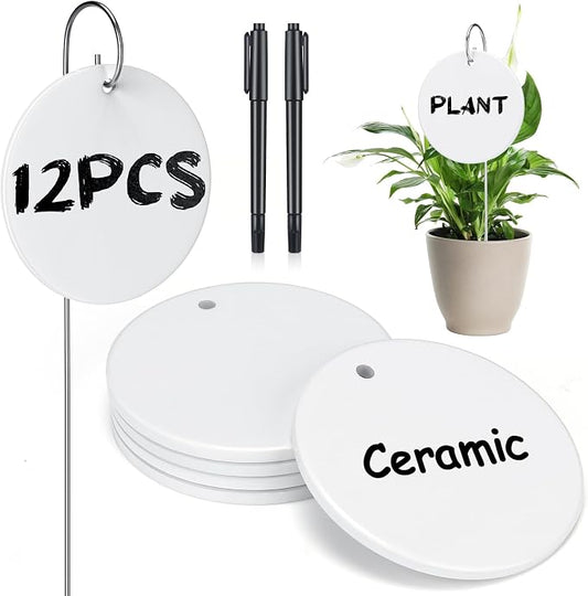 CroBlissful 12 Pcs Plant Labels Ceramic Garden Sign Markers 3 Inch Round Garden Labels Reusable Waterproof Ceramic Plant Sign Tags with Stainless Steel Stake and Pen for Flower Vegetable Potted Plant
