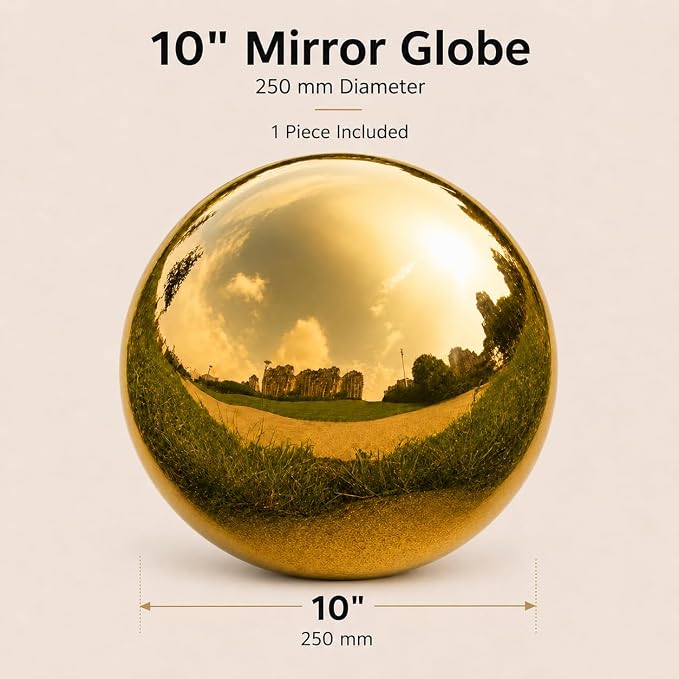 Gazing Ball Garden Mirror Outdoor - 10 Inch Outside Decorative Globe, Gold | Metal Polished Reflective Sphere, Stainless Steel Hollow Decoration Ornament for Home Pond Swimming Pool Housewarming Gift