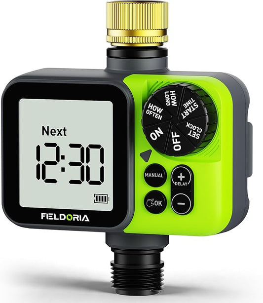 Sprinkler Timer, Brass Inlet Programmable Watering Timer for Garden Hose Fits 3/4” US Faucet, Outdoor Soaker Hose Timer w/Rain Delay/Manual/Automatic Watering, Drip Irrigation for Lawn Yard