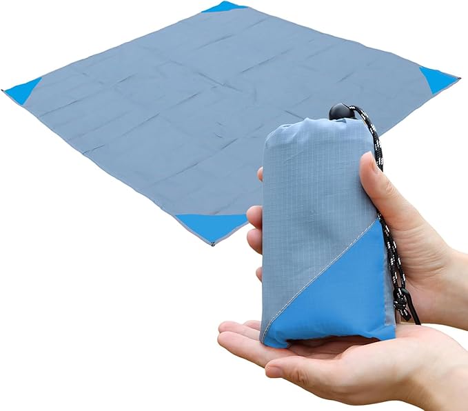 Orga'Neat Pocket Picnic Blanket, Beach Mat Waterproof Sandproof, Compact Lightweight Small Tarp for Camping, Hiking, Backpacking, Festival, Travel, Foldable in Bags (Grey/Blue, 55"x60")