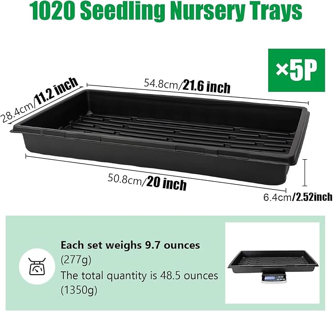 RooTrimmer Plant Growing Nursery, Standard 1020 Trays Plastic Sturdy Farmer Self Seedling Tray for Microgreens Indoor Nursery Pots Transplantation (5-Pack, 21.6"×11.2", 2.52" Deep, no Holes)
