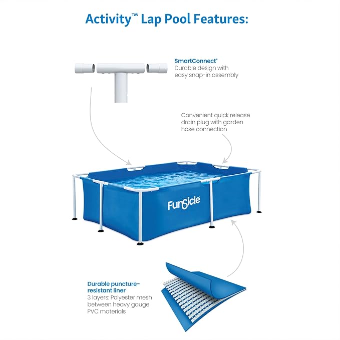 Funsicle 7' x 5' x 24" Durable Rectangular Above Ground Activity Lap Pool with SmartConnect Technology for Ages 6 and Up, Blue