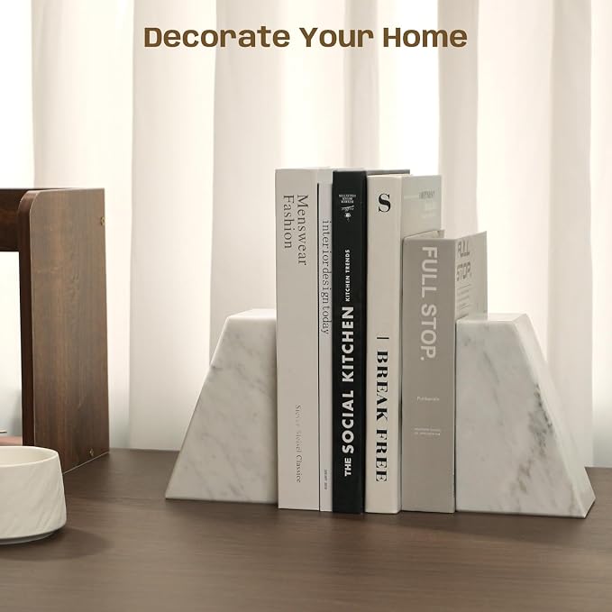 Marble Bookends for Shelves, Decorative Book Ends, 10lbs Heavy-Duty Marble Book Holders, Stone Bookshelf Decor, Carrara White