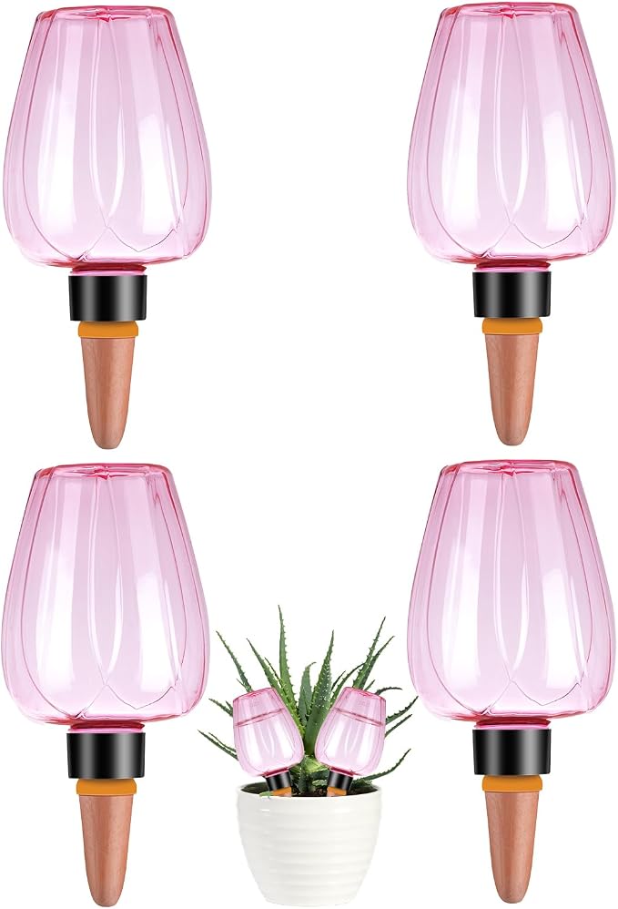 4 Pcs Plant Watering Globes Self Watering Planter Insert Plants Top Fill Water Device Plastic Water Bulbs Slow Release Terracotta for Plants, Pink