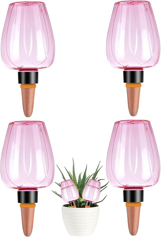 4 Pcs Plant Watering Globes Self Watering Planter Insert Plants Top Fill Water Device Plastic Water Bulbs Slow Release Terracotta for Plants, Pink