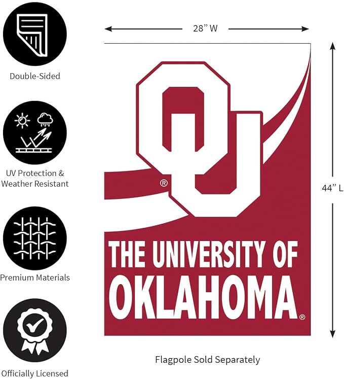 NCAA University of Oklahoma House Flag, 28 x 44, Double Sided Garden Flags for Outside, Outdoor College Flags & Banners for Gardens Patio, Indoor Wall Decor Flag for Room