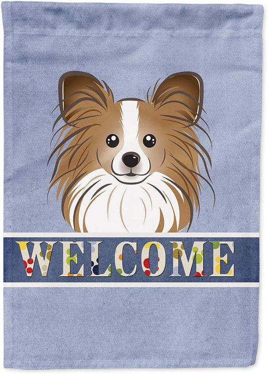 Caroline's Treasures BB1434CHF Papillon Welcome House Flag, Blue Large Porch Sleeve Pole Decorative Outside Yard Banner Artwork Wall Hanging, Polyester, House Size, Multicolor