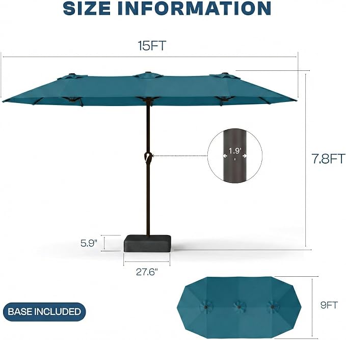 15FT Large Patio Umbrella with Base Included, Double Sided Outdoor Market Umbrella with Flexible Fiberglass Ribs, UV-Blocking Extra Large Umbrella for Garden, Pool, Deck, Lake Blue